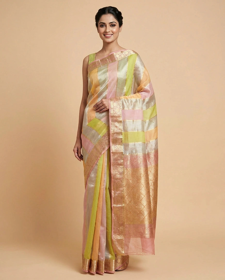 Multi-Colour Organza Banarasi Saree with Woven Border - Rangoli India