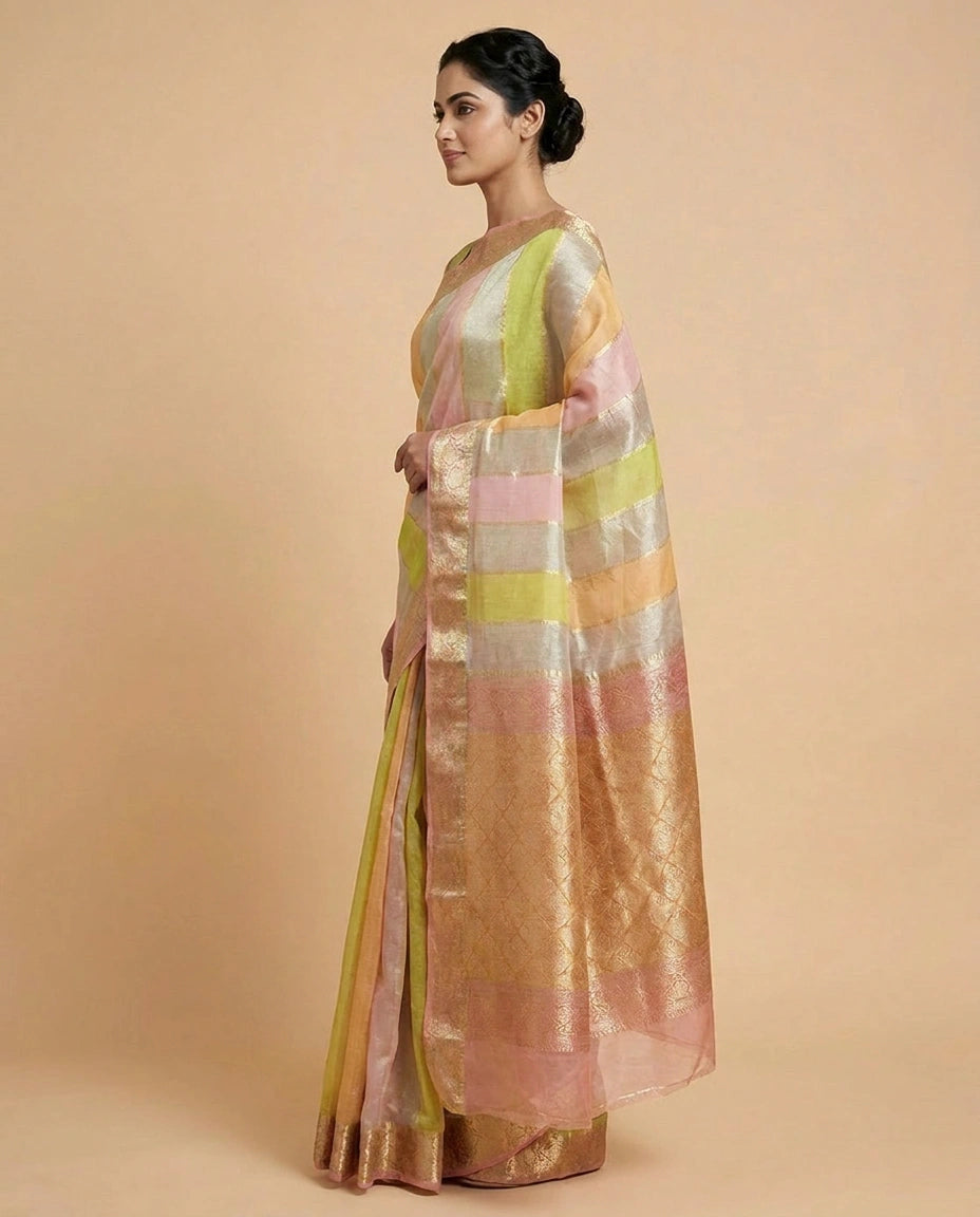 Multi-Colour Organza Banarasi Saree with Woven Border - Rangoli India