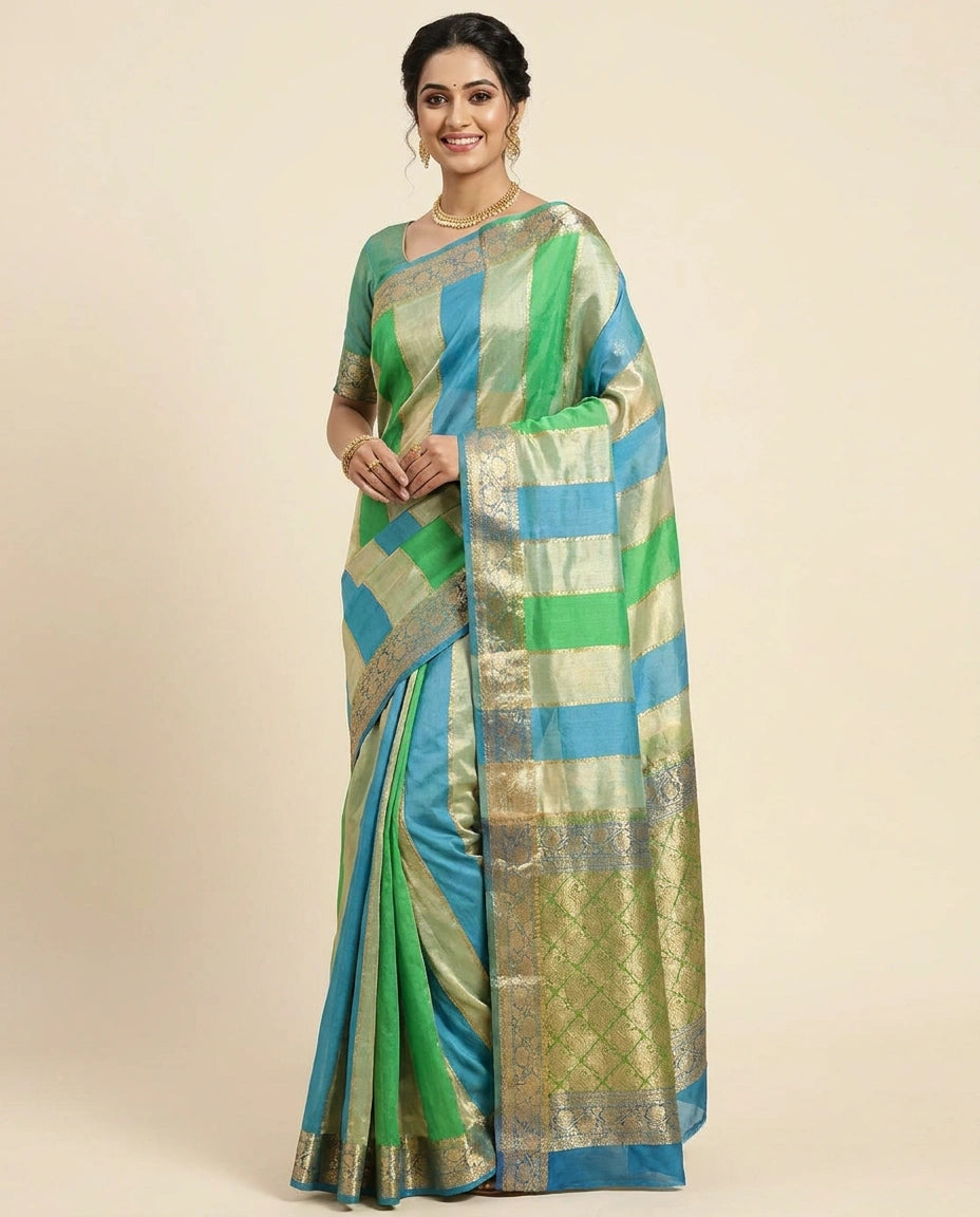 Multi-Colour Organza Banarasi Saree with Woven Border - Rangoli India