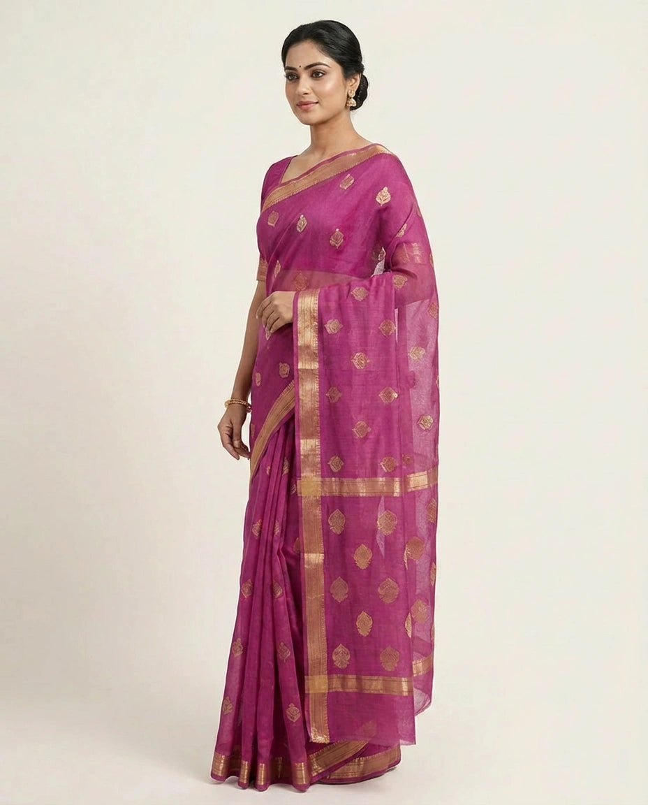 Organza Banarasi Saree with Woven Motifs and Zari Border - Rangoli India