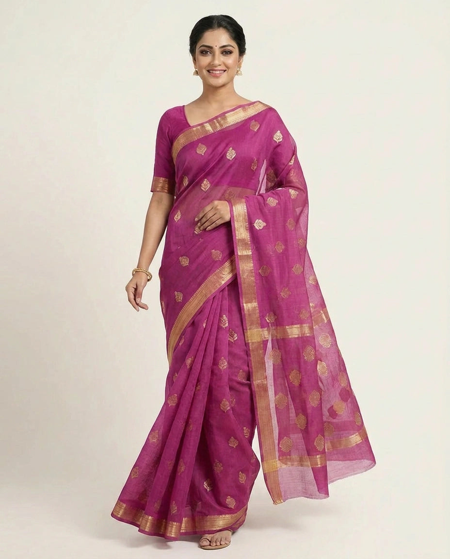 Organza Banarasi Saree with Woven Motifs and Zari Border - Rangoli India