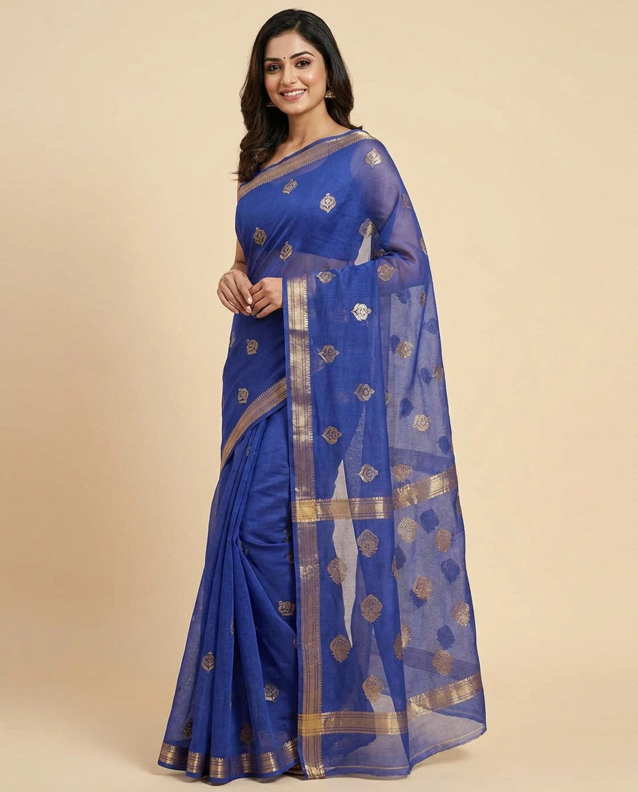 Organza Banarasi Saree with Woven Motifs and Zari Border - Rangoli India