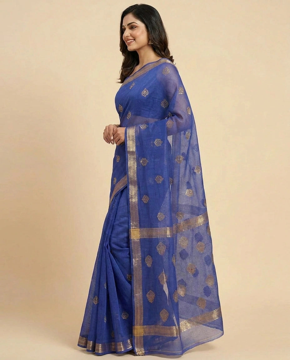 Organza Banarasi Saree with Woven Motifs and Zari Border - Rangoli India
