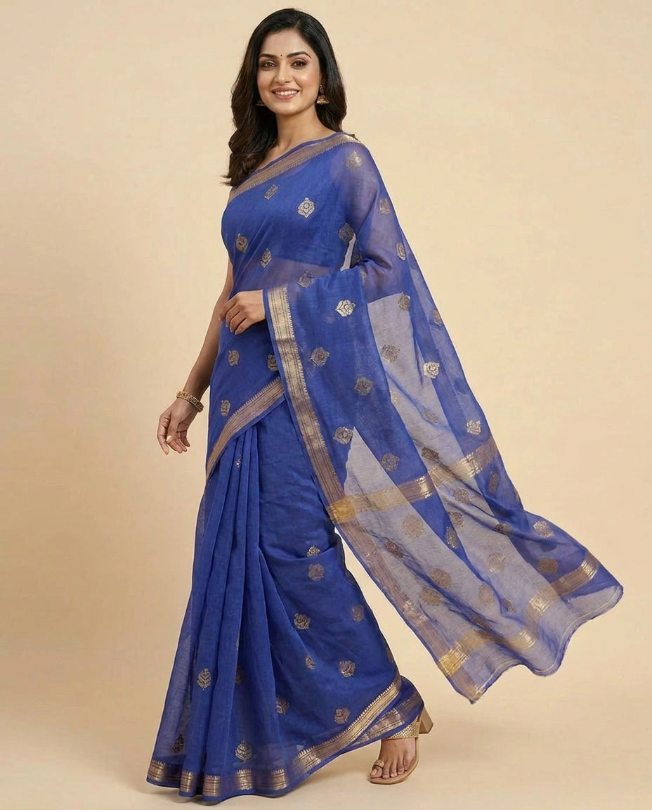 Organza Banarasi Saree with Woven Motifs and Zari Border - Rangoli India