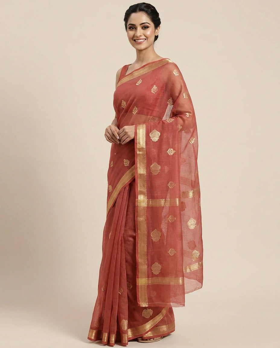 Organza Banarasi Saree with Woven Motifs and Zari Border - Rangoli India