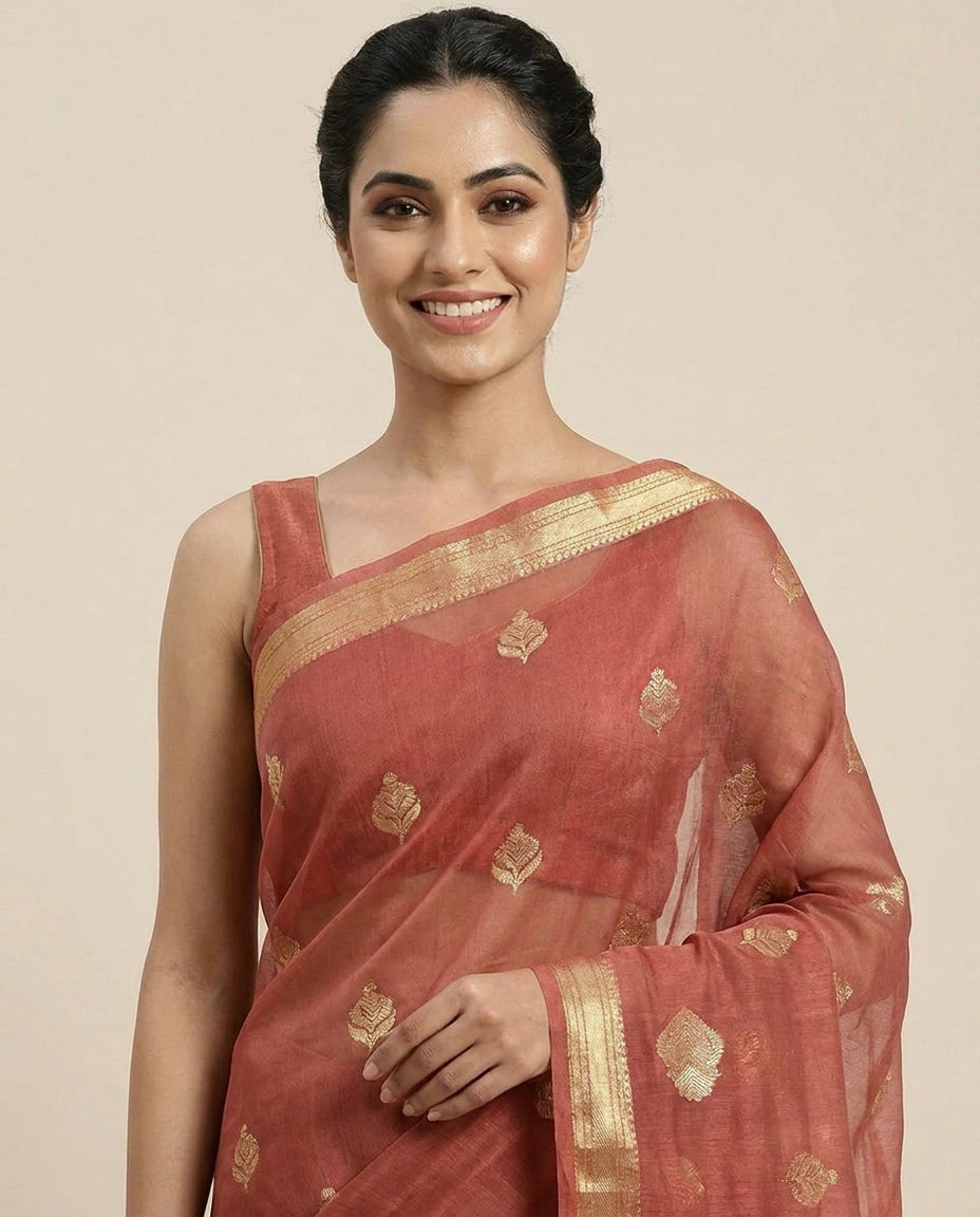 Organza Banarasi Saree with Woven Motifs and Zari Border - Rangoli India