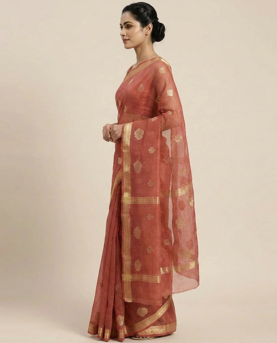 Organza Banarasi Saree with Woven Motifs and Zari Border - Rangoli India