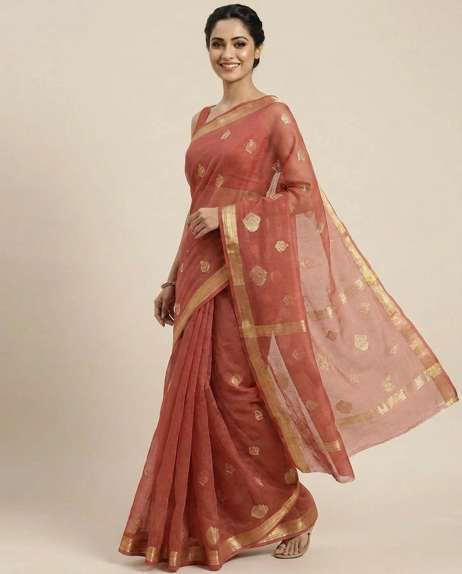 Organza Banarasi Saree with Woven Motifs and Zari Border - Rangoli India