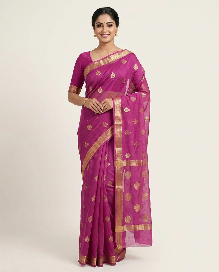 Organza Banarasi Saree with Woven Motifs and Zari Border - Rangoli India