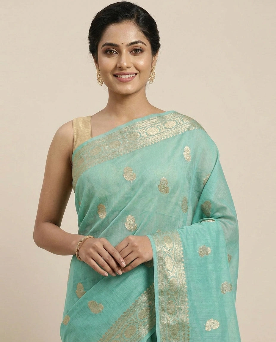 Organza Banarasi Saree with Woven Motifs and Golden Border - Rangoli India