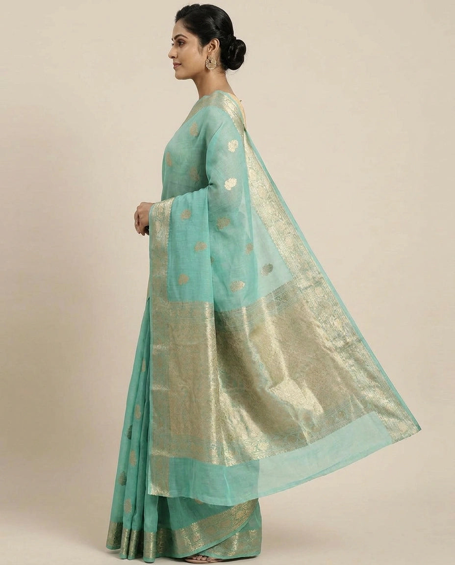 Organza Banarasi Saree with Woven Motifs and Golden Border - Rangoli India