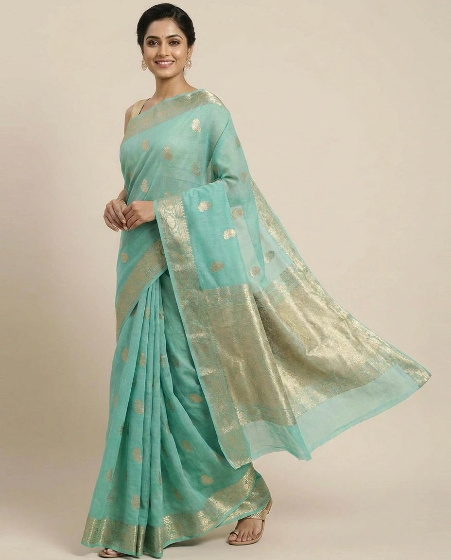 Organza Banarasi Saree with Woven Motifs and Golden Border - Rangoli India