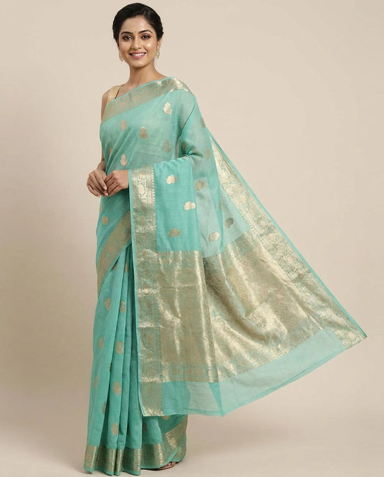 Organza Banarasi Saree with Woven Motifs and Golden Border - Rangoli India