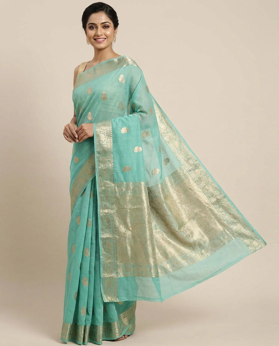 Organza Banarasi Saree with Woven Motifs and Golden Border - Rangoli India