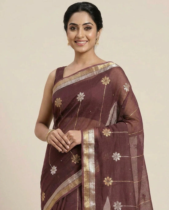 Organza Banarasi Saree with Embroidered Floral Detail - Rangoli India