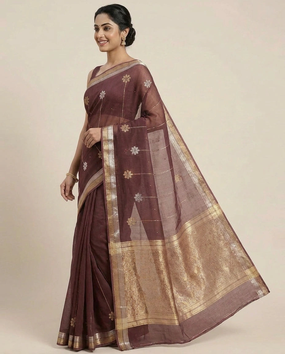Organza Banarasi Saree with Embroidered Floral Detail - Rangoli India
