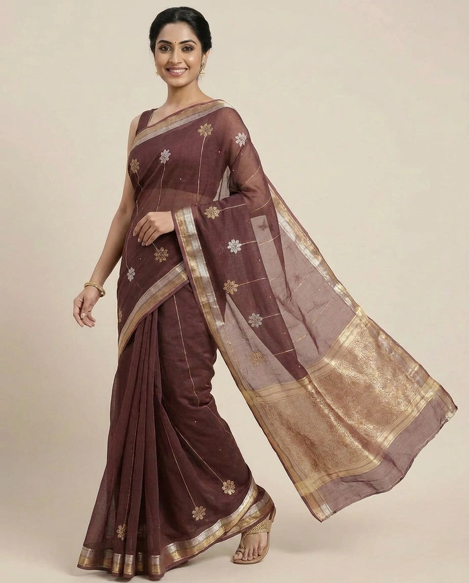 Organza Banarasi Saree with Embroidered Floral Detail - Rangoli India