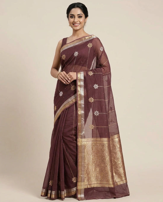Organza Banarasi Saree with Embroidered Floral Detail - Rangoli India
