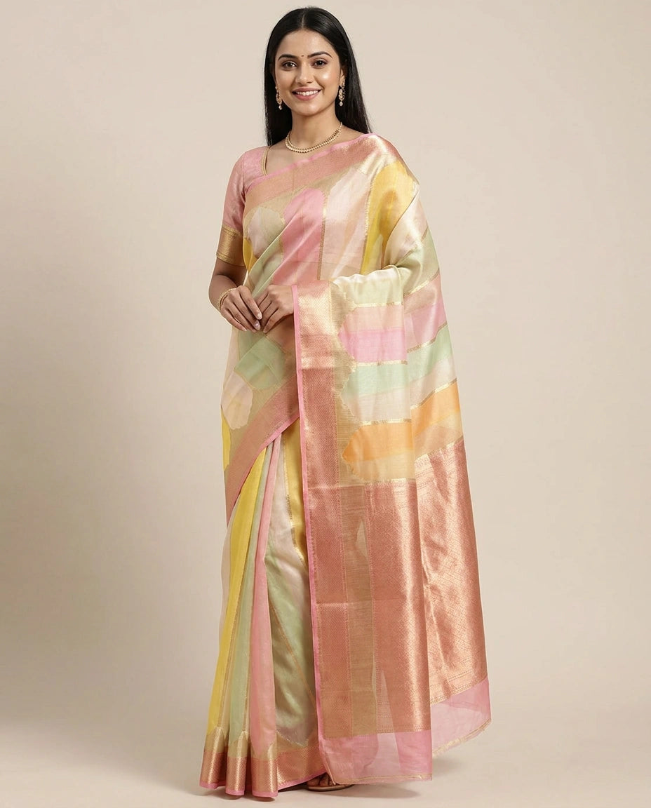 Organza Banarasi Saree with Woven Stripes - Rangoli India