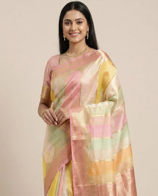 Organza Banarasi Saree with Woven Stripes - Rangoli India