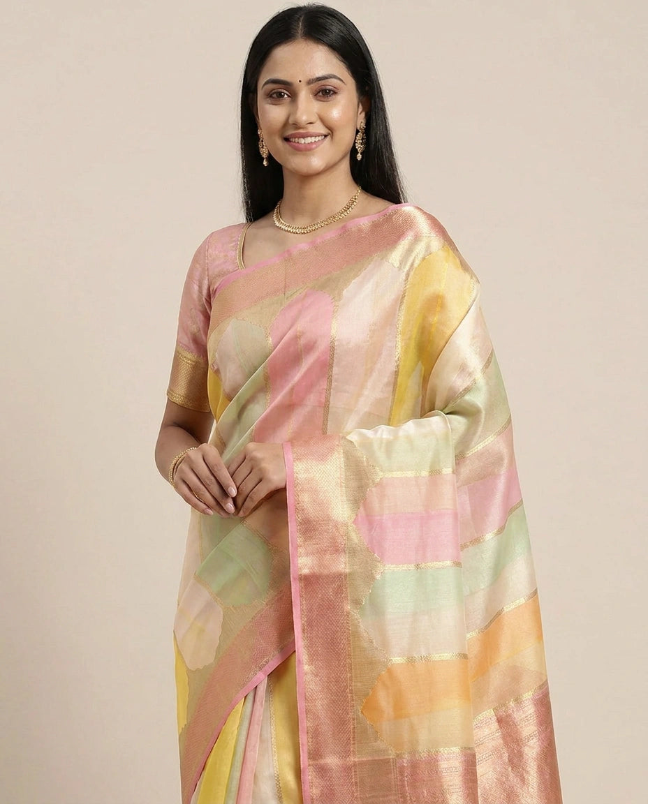 Organza Banarasi Saree with Woven Stripes - Rangoli India