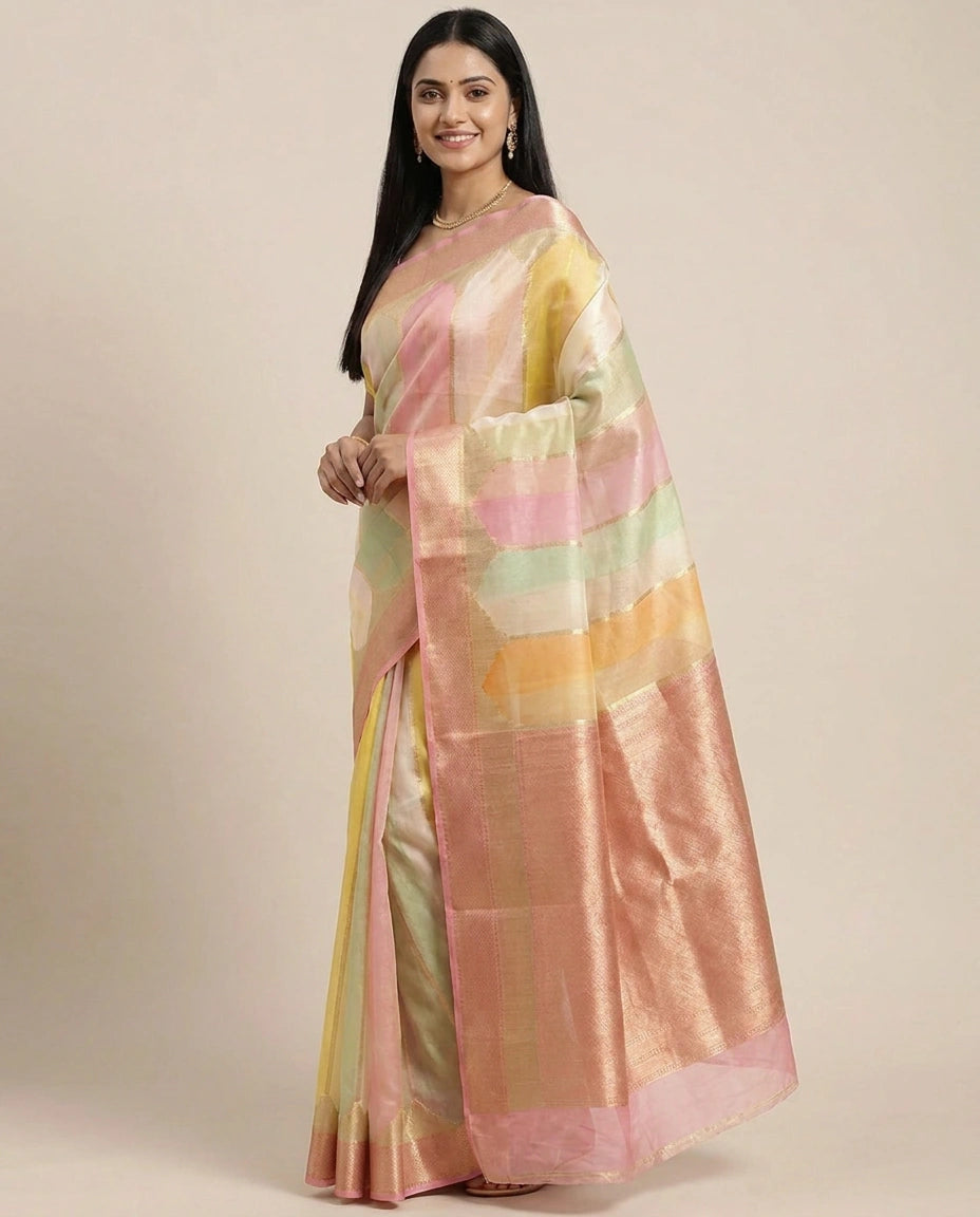 Organza Banarasi Saree with Woven Stripes - Rangoli India
