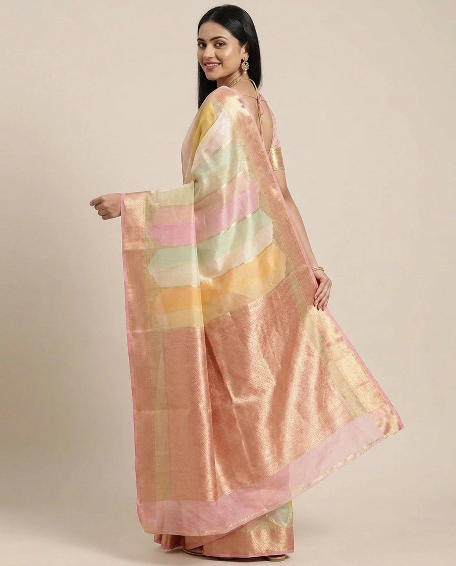 Organza Banarasi Saree with Woven Stripes - Rangoli India
