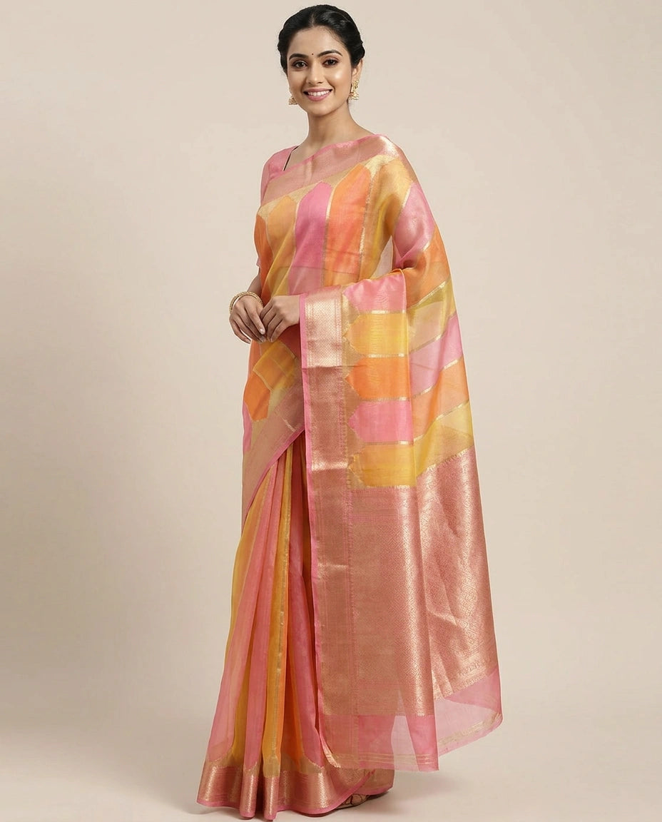 Organza Banarasi Saree with Woven Stripes - Rangoli India