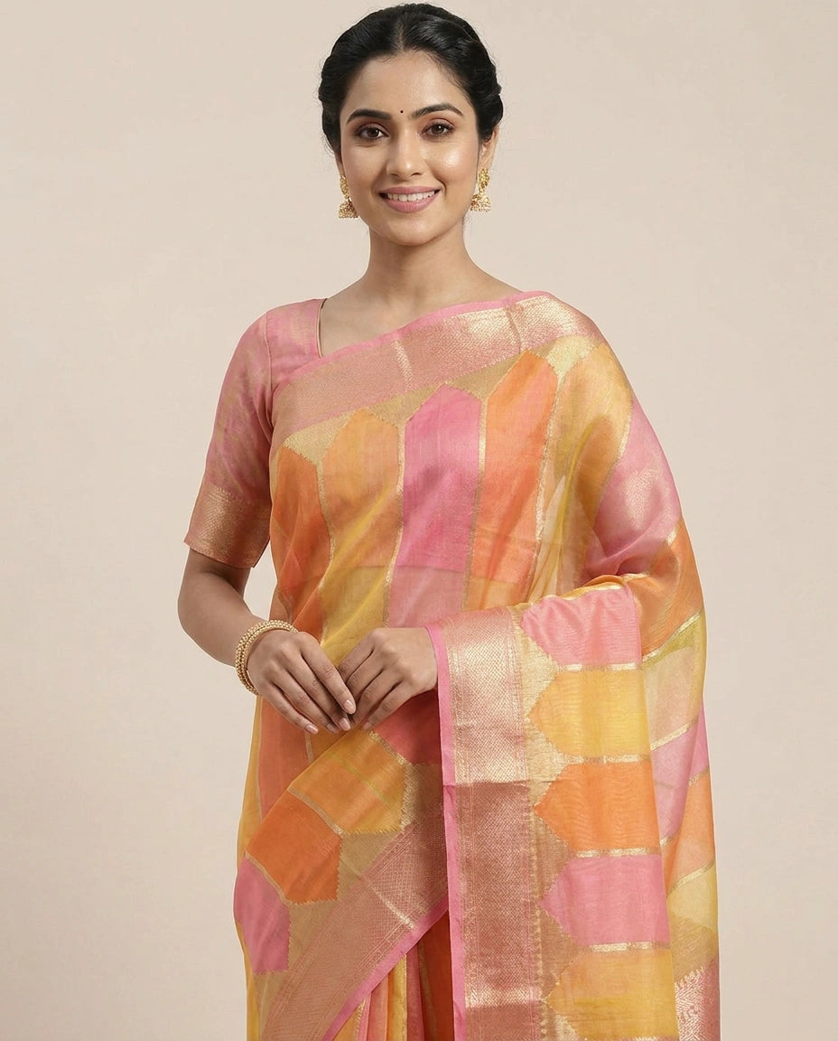 Organza Banarasi Saree with Woven Stripes - Rangoli India