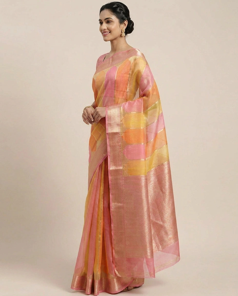 Organza Banarasi Saree with Woven Stripes - Rangoli India