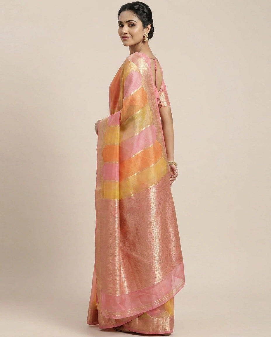 Organza Banarasi Saree with Woven Stripes - Rangoli India