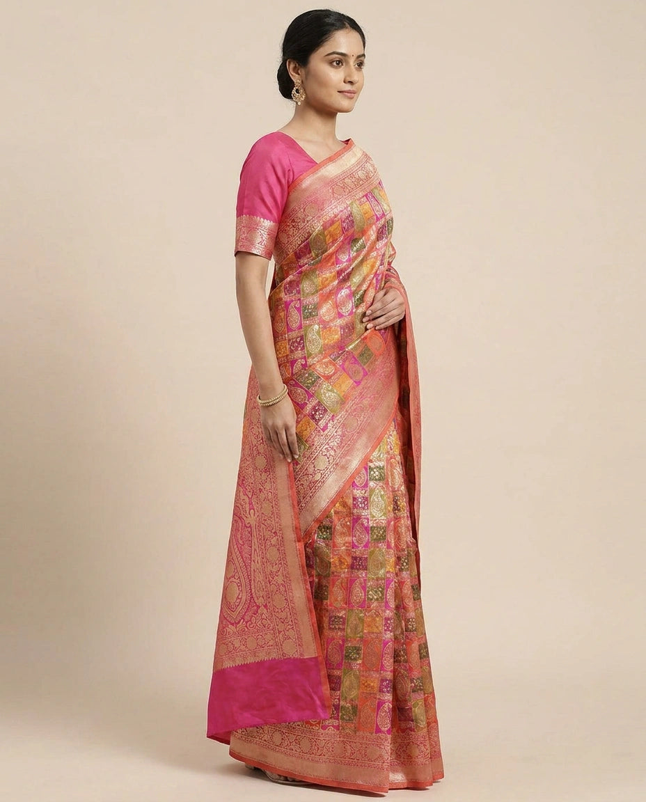 Silk Katan Banarasi Saree with Woven Border - Rangoli India