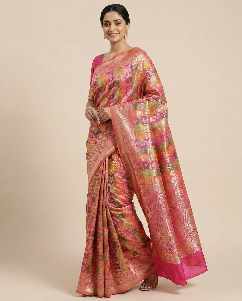 Silk Katan Banarasi Saree with Woven Border - Rangoli India