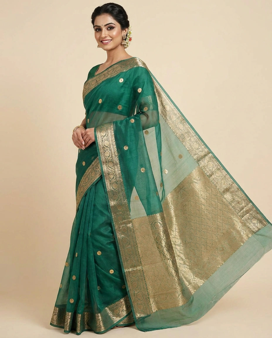 Organza Banarasi Saree with Woven Zari Border - Rangoli India
