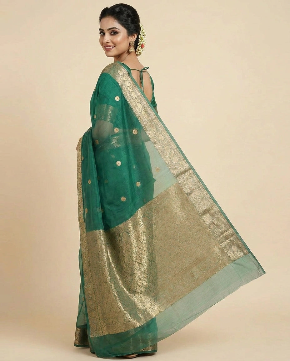 Organza Banarasi Saree with Woven Zari Border - Rangoli India