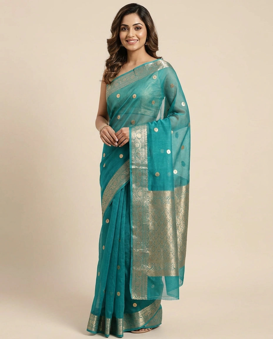 Organza Banarasi Saree with Woven Zari Border - Rangoli India