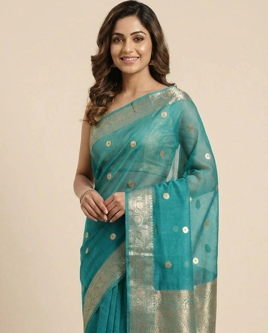 Organza Banarasi Saree with Woven Zari Border - Rangoli India