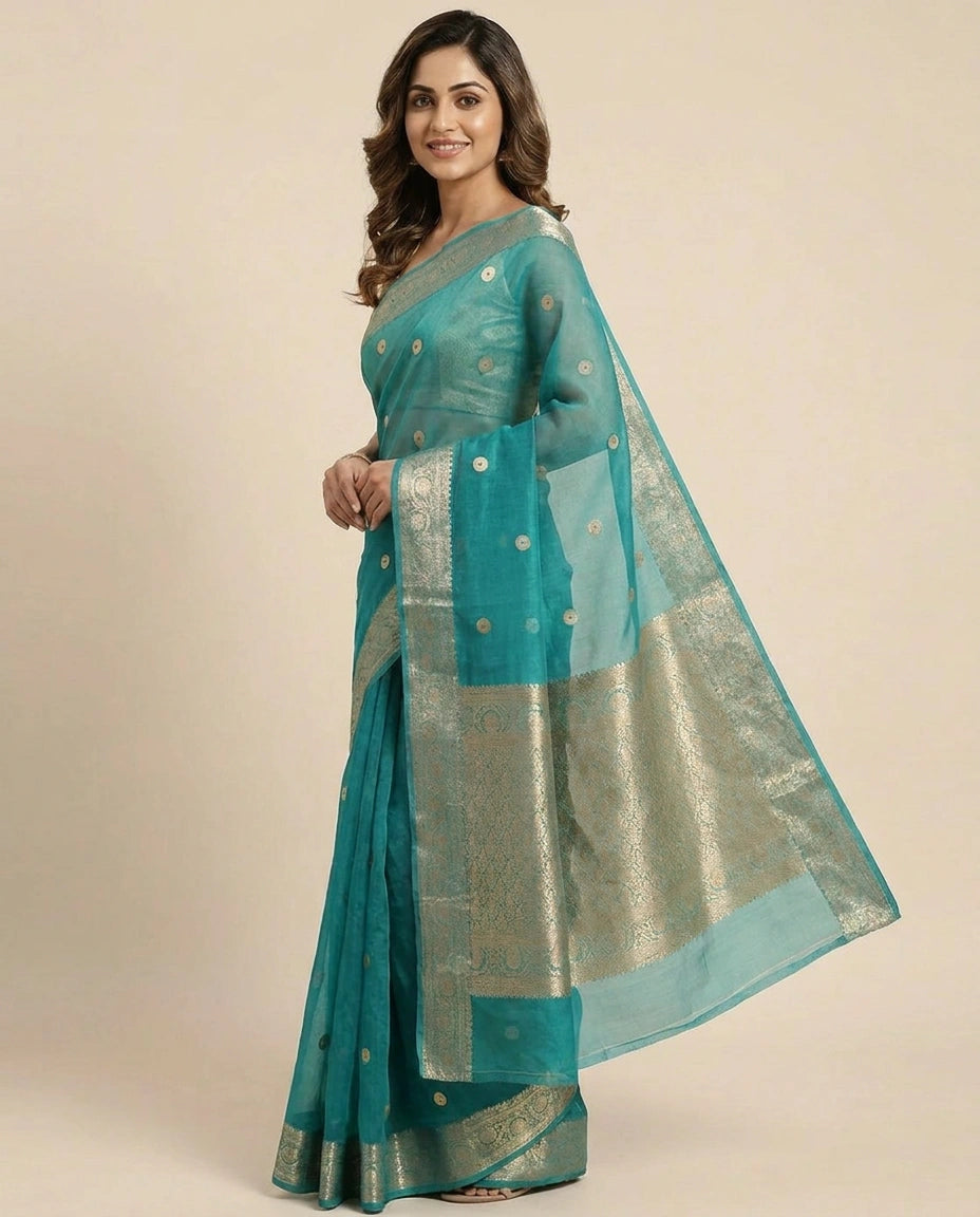 Organza Banarasi Saree with Woven Zari Border - Rangoli India