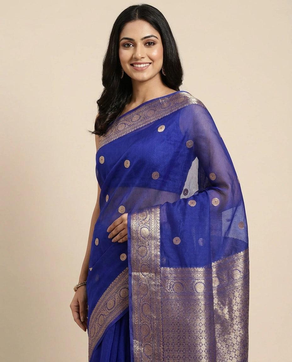 Organza Banarasi Saree with Woven Zari Border - Rangoli India
