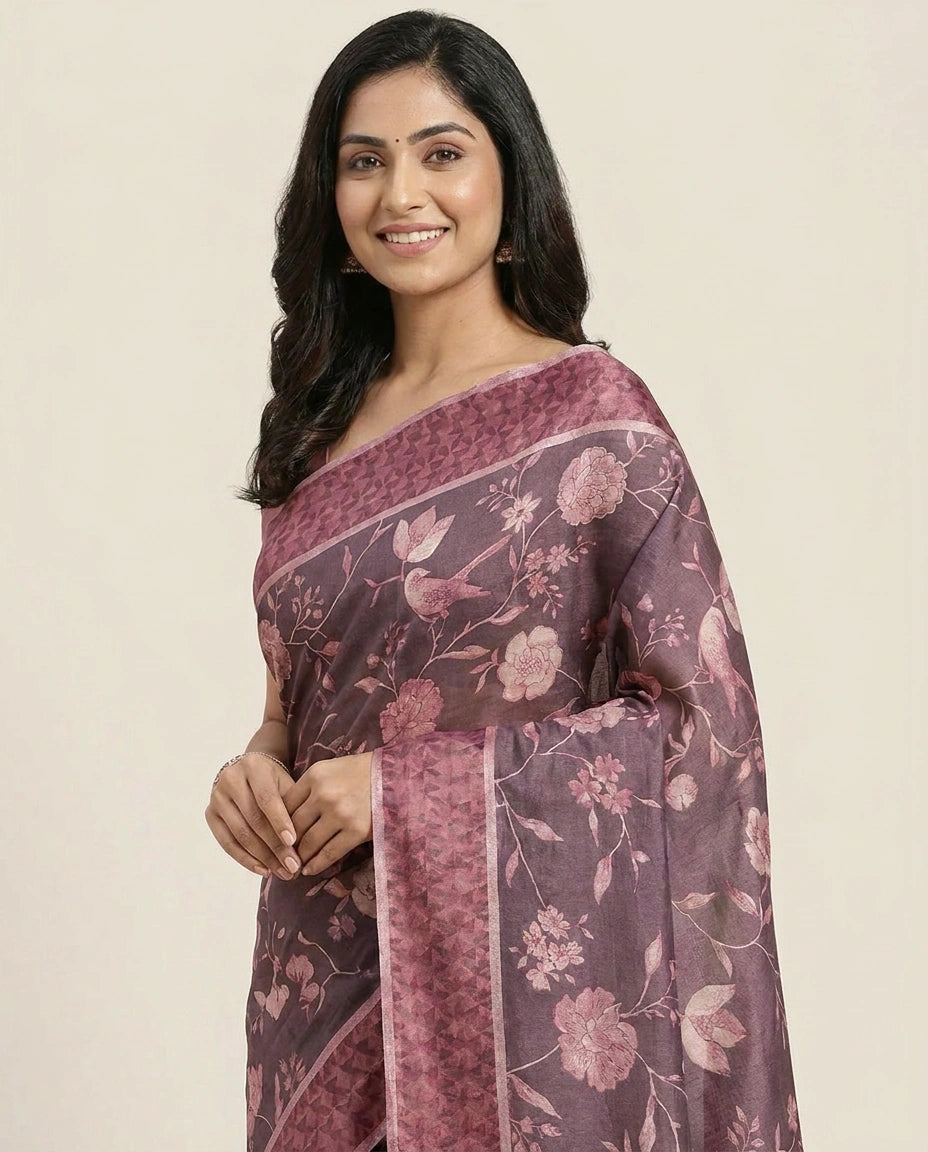Tussar Silk Printed Saree with Floral Motifs - Rangoli India