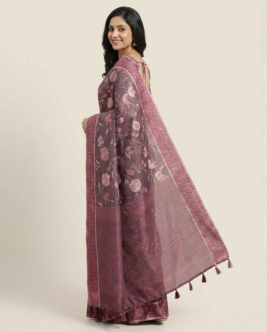 Tussar Silk Printed Saree with Floral Motifs - Rangoli India