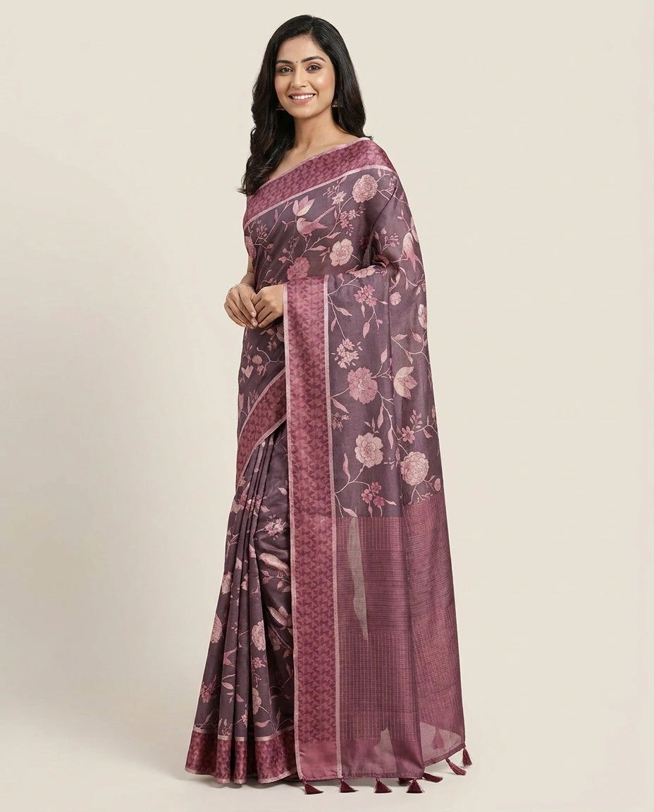 Tussar Silk Printed Saree with Floral Motifs - Rangoli India
