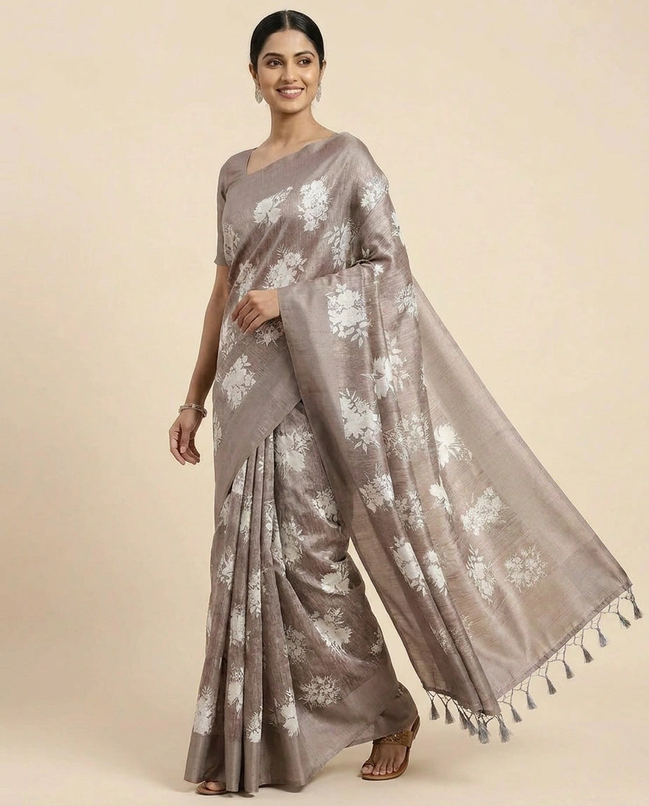 Tussar Linen Printed Saree for Women - Daily Wear