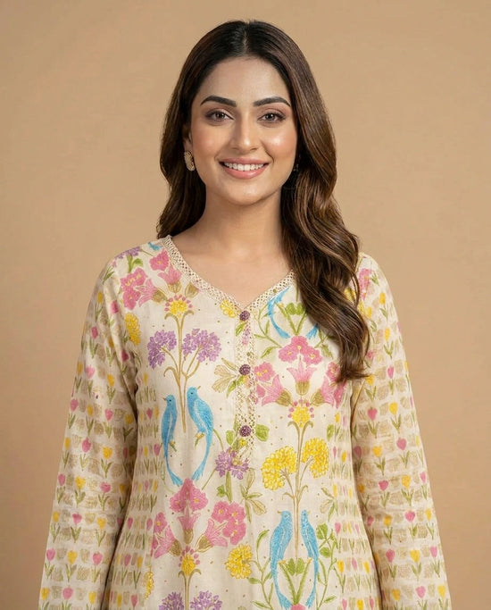 Off White Cotton Kurti Set with Floral Print - Rangoli India