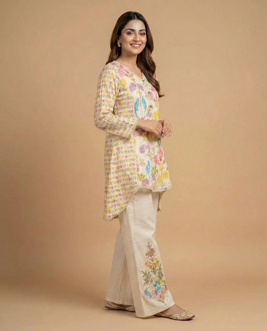 Off White Cotton Kurti Set with Floral Print - Rangoli India