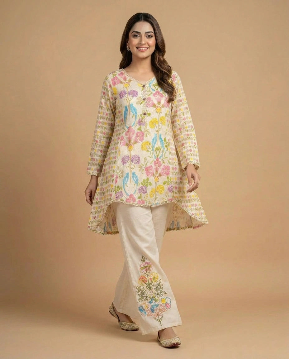 Off White Cotton Kurti Set with Floral Print - Rangoli India