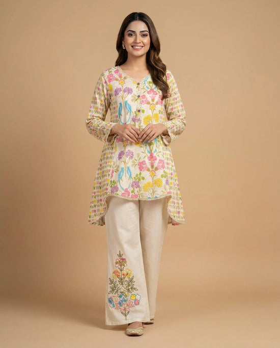 Off White Cotton Kurti Set with Floral Print - Rangoli India
