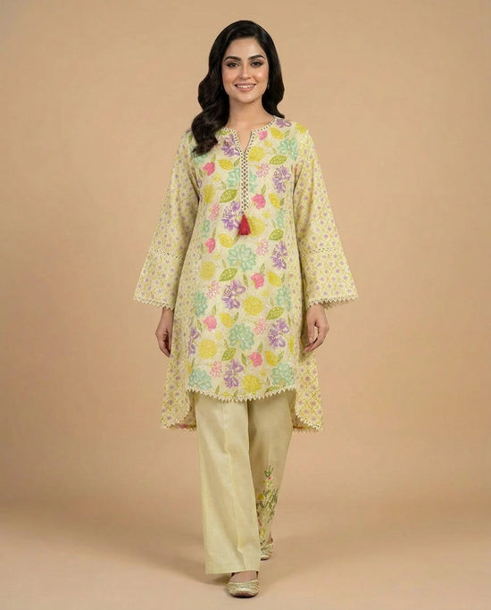 Lime Green Cotton Kurti Set with Floral Print - Rangoli India