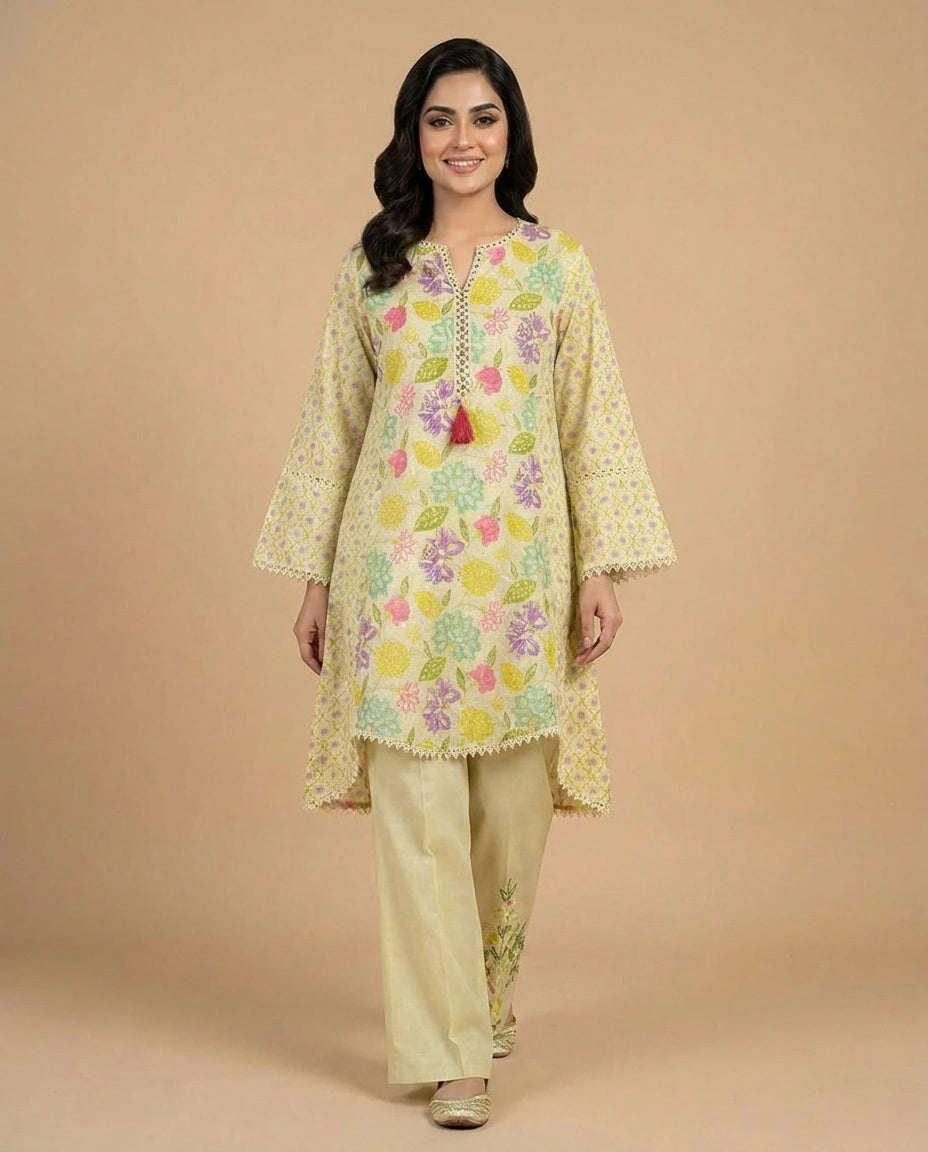 Lime Green Cotton Kurti Set with Floral Print - Rangoli India
