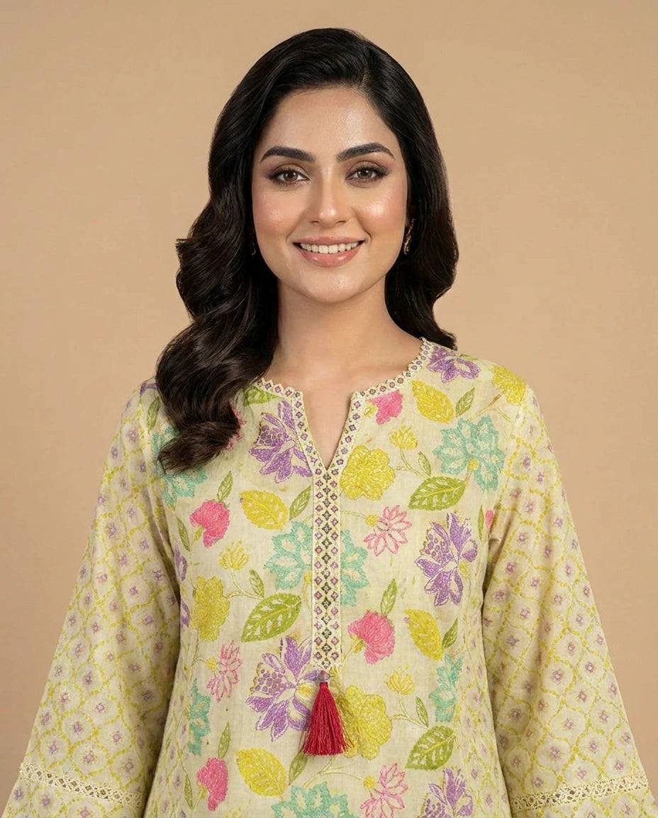 Lime Green Cotton Kurti Set with Floral Print - Rangoli India